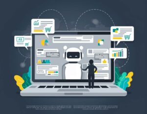 Asistente de inteligencia artificial mostrando anuncios interactivos en una interfaz futurista, representando el comercio conversacional impulsado por IA