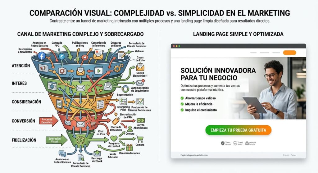 Infografía realista que compara un funnel de marketing complejo y sobrecargado con una landing page simple y optimizada con un solo CTA.