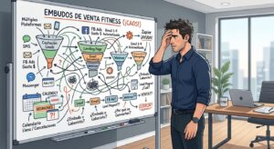 Entrenador o dueño de negocio fitness mirando un esquema caótico de embudos de venta y automatizaciones con gesto de agobio en una oficina moderna.