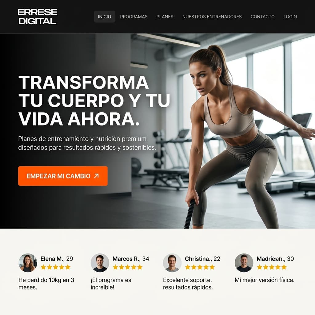 Hero de landing page fitness con logotipo de ERRESE DIGITAL, titular grande, botón CTA naranja, atleta entrenando en gimnasio y testimonios de clientes en la parte inferior.