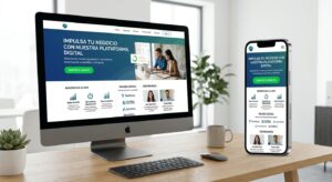 Mockup realista de una landing page mostrada en ordenador y móvil con secciones de titular, beneficios, prueba social, testimonios y llamada a la acción.